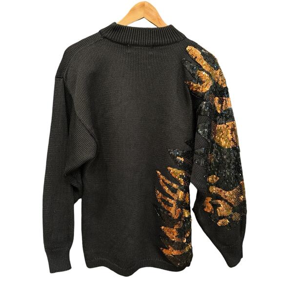 Vintage Black Wool Blend Sequin Sweater Medium Glam Animal Leaf Party Pullover - Picture 8 of 12